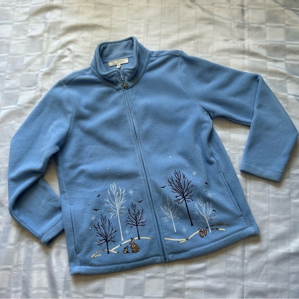 Tradition Vintage Light Blue Fleece Zippered Sweater Jacket with Bunny Winter